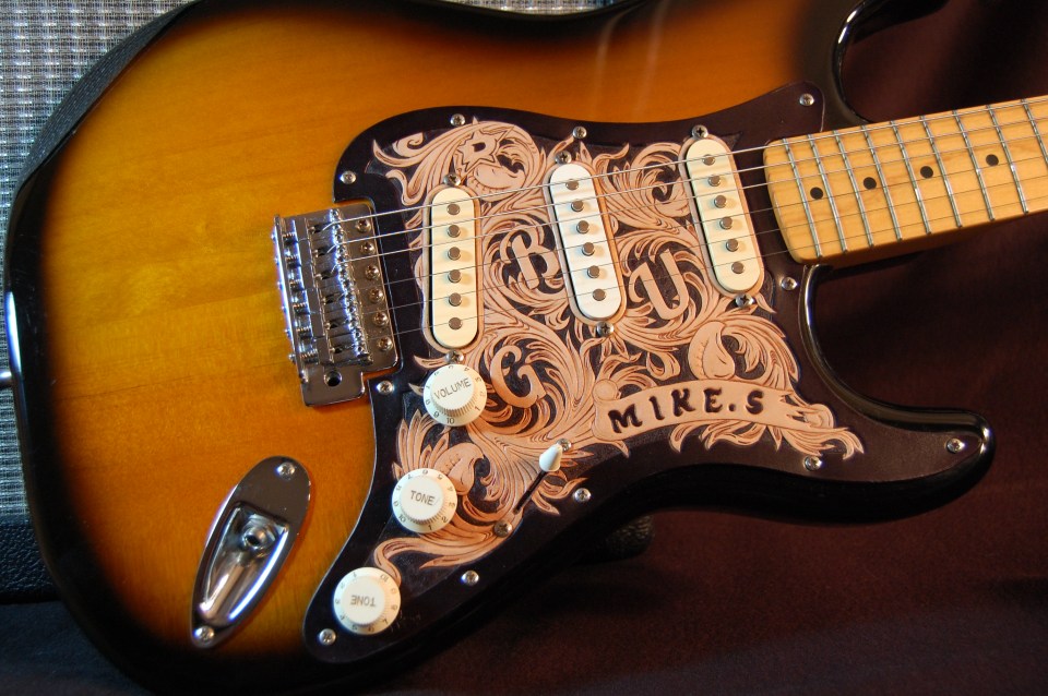 Hand tooled custom leather stratocaster pickguard
